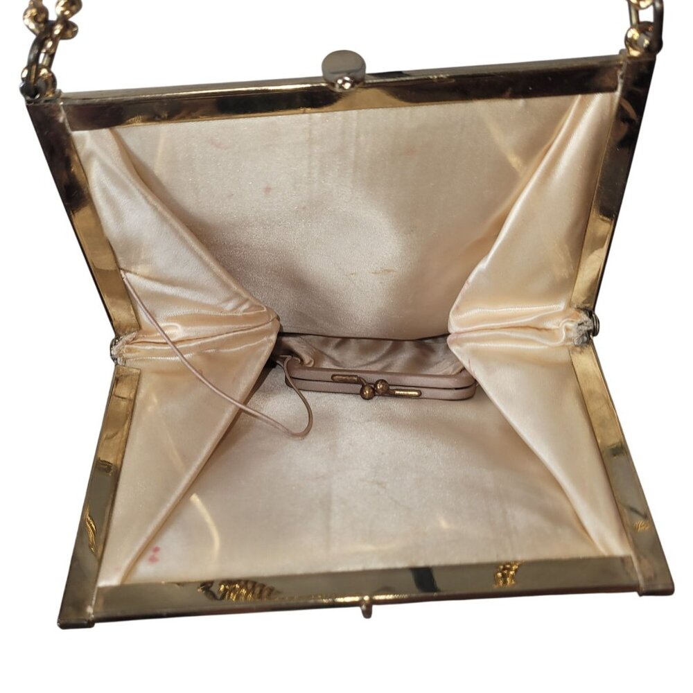 Vintage Gold Evening Bag With Chain Strap & Triangular Front Plate Satin Lined C - Picture 14 of 16